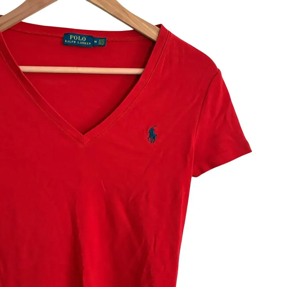 Polo Ralph Lauren Vintage V Neck Tee M Red Top Womens Shirt 90s Y2K Prep